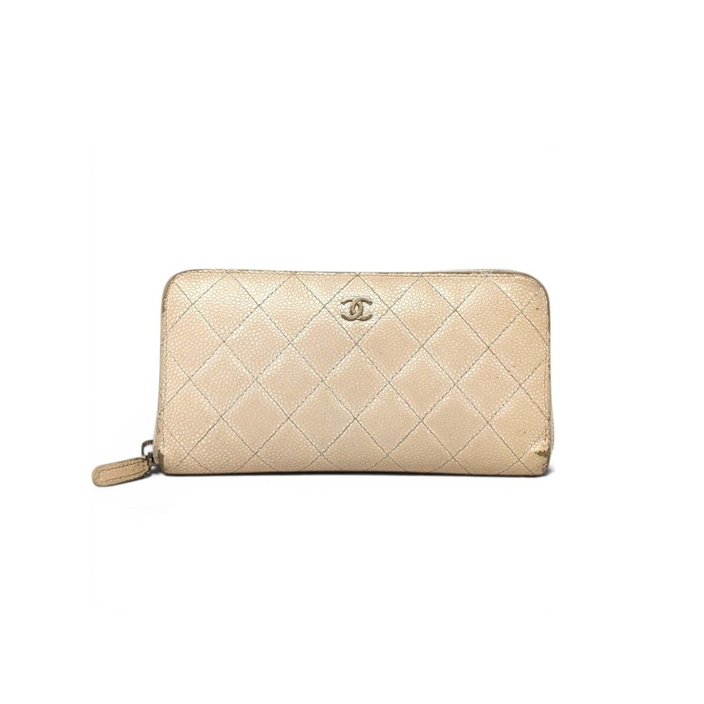 Chanel‎ Beige Caviar Leather Quilted CC Zip Around Long Wallet Series 15